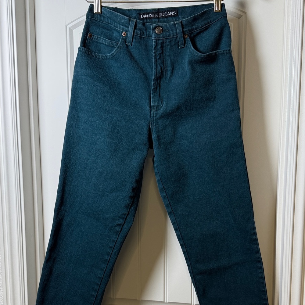 David Kahn Jeans Womens 8 High Rise Straight Leg Teal Blue Made in USA Stretch